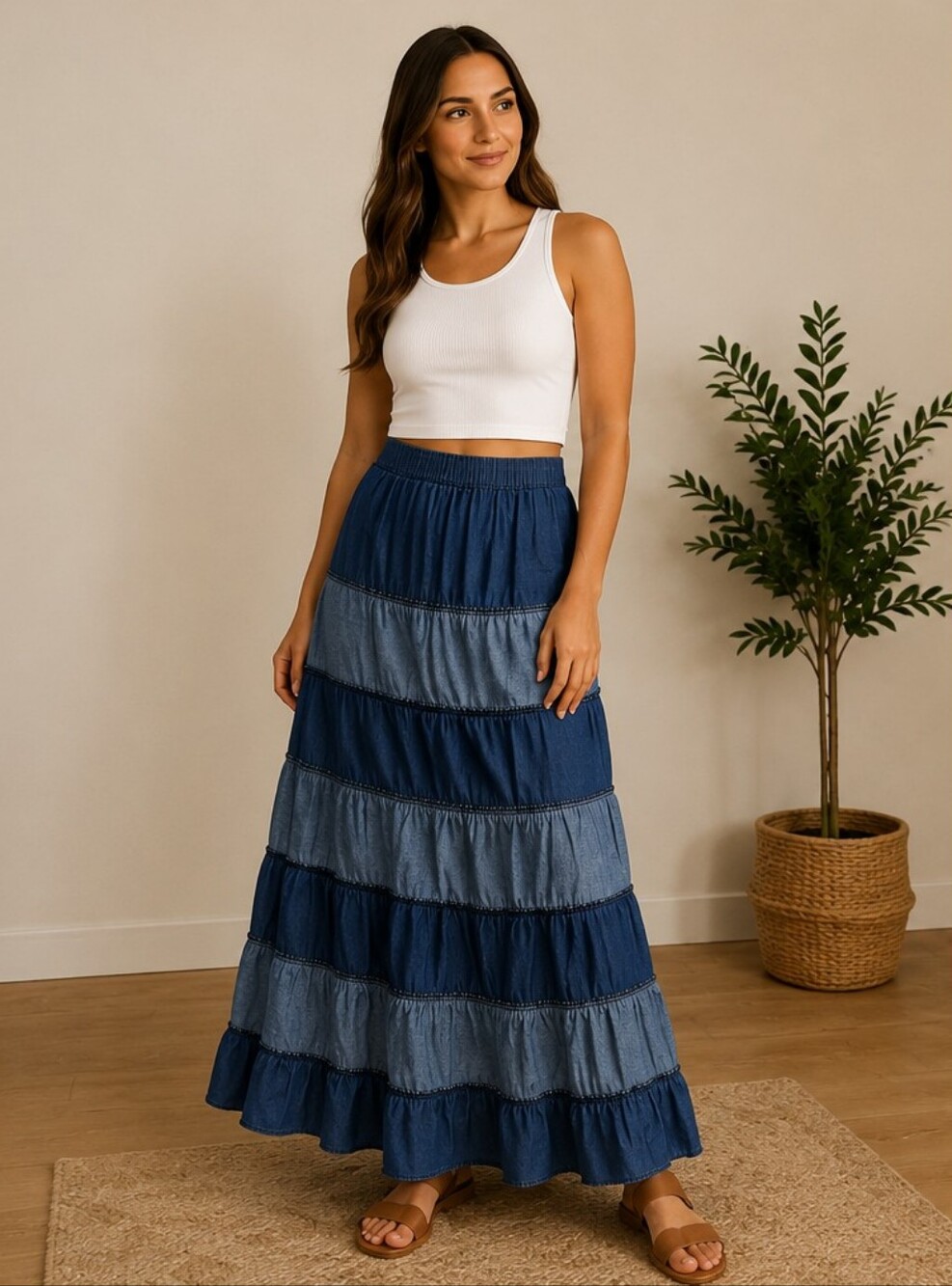 Vintage Y2K 90s Tiered Denim Maxi Skirt Cottagecore Boho Chambray Ruffle S